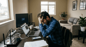 Stressed hybrid employee experiencing a meltdown over temporary housing internet issues