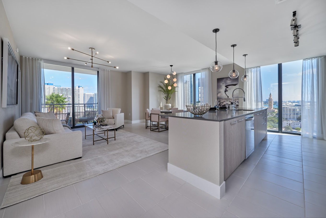 quartz countertops, two tone cabinetry, ceramic tiled flooring, stainless steel appliances